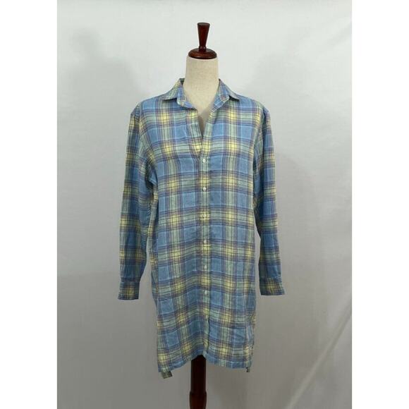 FRANK & EILEEN Sz S Small Blue Yellow Purple Plaid Linen Hunter Shirt Dress - Picture 2 of 9